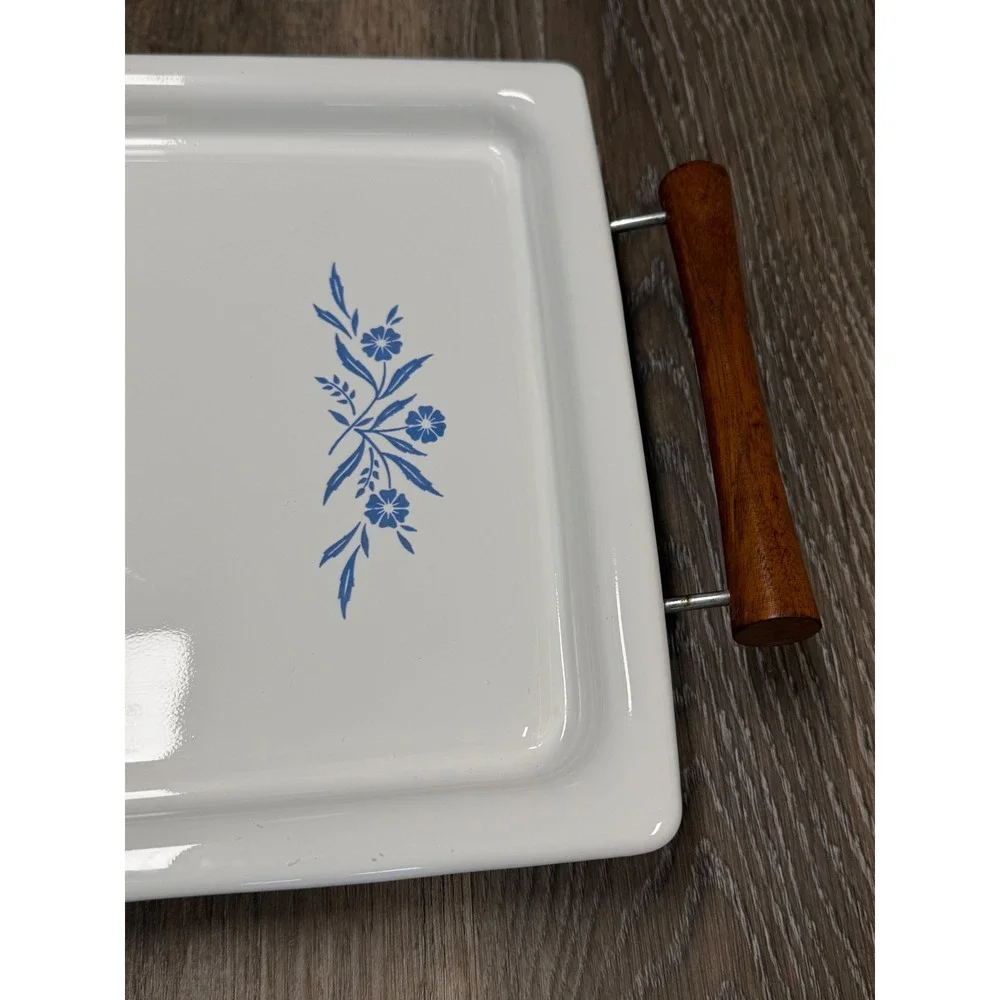Vintage Corning Ware Blue Cornflower Electric Warming Tray Wood Handle No Cord